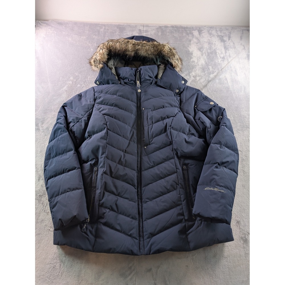 Eddie Bauer Sun Valley Down Parka Navy Blue Faux Fur Hood Women XL K3112354